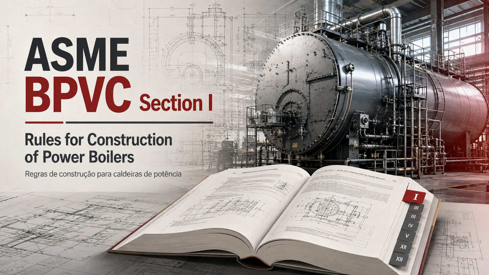Banner técnico com livro ASME BPVC aberto, destaque para Section I, caldeira de potência industrial e desenhos técnicos de engenharia.