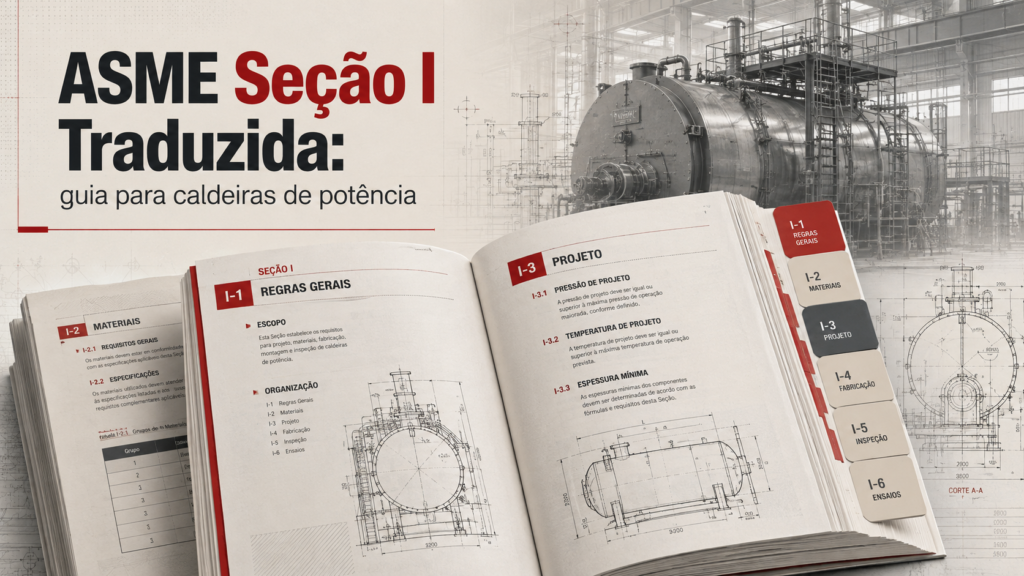 Banner técnico com livro ASME Seção I aberto, abas de organização do código, desenhos técnicos de caldeira e caldeira industrial ao fundo.