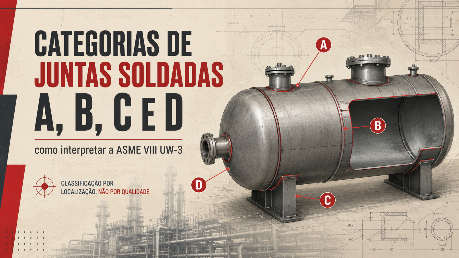 Banner técnico com vaso de pressão em corte, marcação das categorias de juntas soldadas A, B, C e D e referência à ASME VIII UW-3.