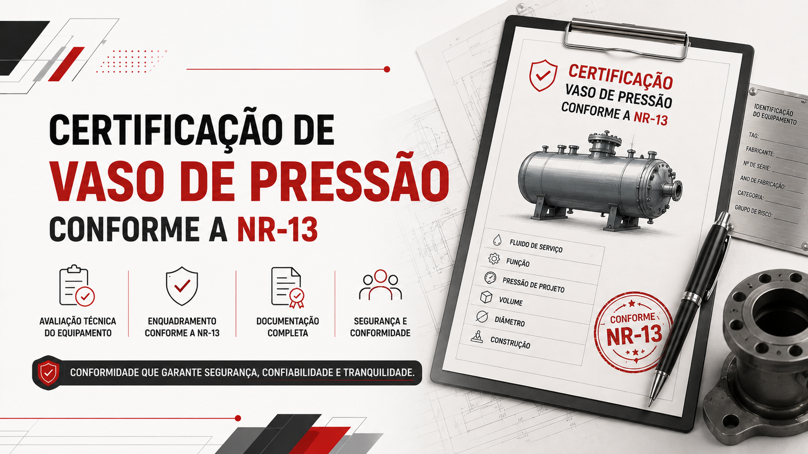 Certificação de Vaso de Pressão conforme a NR-13. Certificação de Vaso de Pressão conforme a NR-13, com documentação técnica, identificação do equipamento e representação de vaso de pressão industrial.