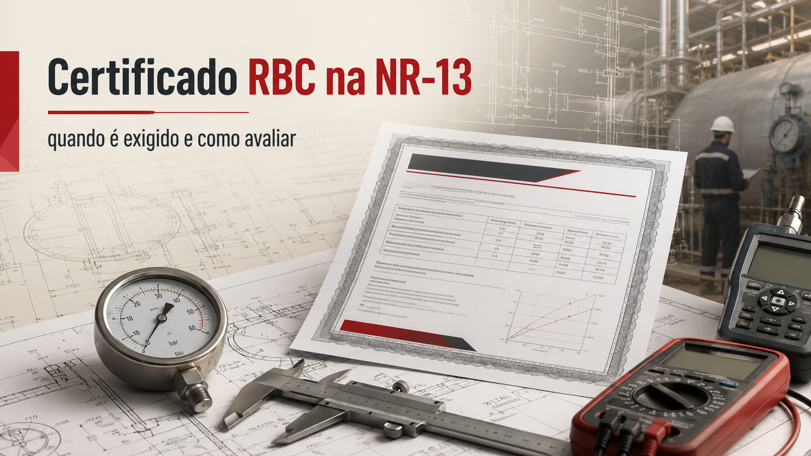 Banner técnico com certificado RBC, manômetro, paquímetro, multímetro, desenho técnico e ambiente industrial, representando avaliação de instrumentos na NR-13.