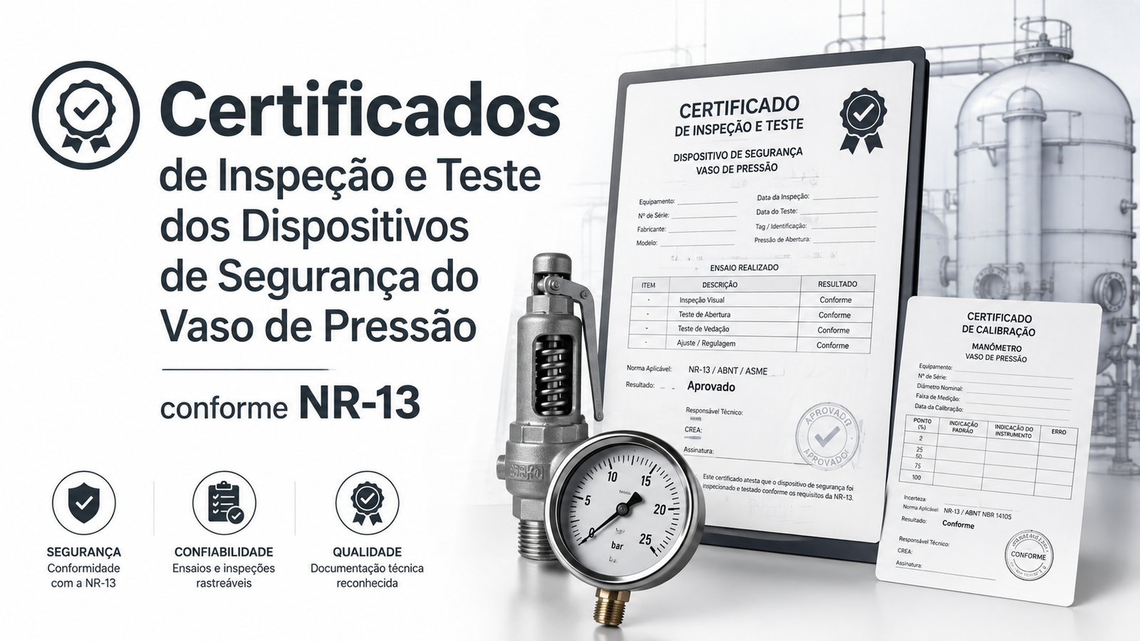 Certificados de Inspeção e Teste dos Dispositivos de Segurança do Vaso de Pressão conforme NR-13