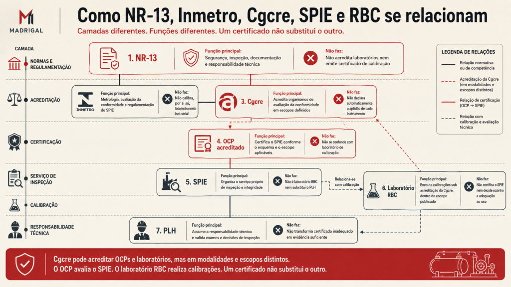 Infográfico técnico mostrando as relações entre NR-13, Inmetro, Cgcre, OCP acreditado, SPIE, laboratório RBC e PLH em camadas diferentes.