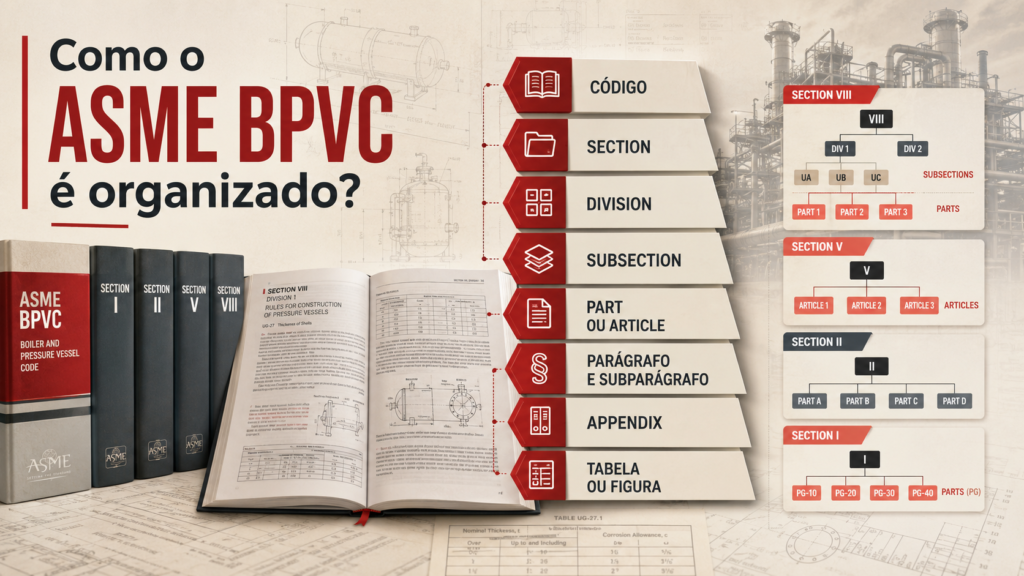 Banner técnico com livros ASME BPVC, código aberto, hierarquia de Sections, Divisions, Subsections, Parts, Articles, parágrafos, apêndices, tabelas e figuras.