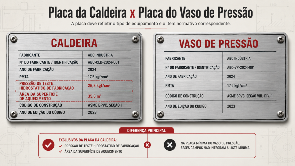 Infográfico técnico com duas placas metálicas comparando dados obrigatórios da placa da caldeira e da placa do vaso de pressão conforme a NR-13.