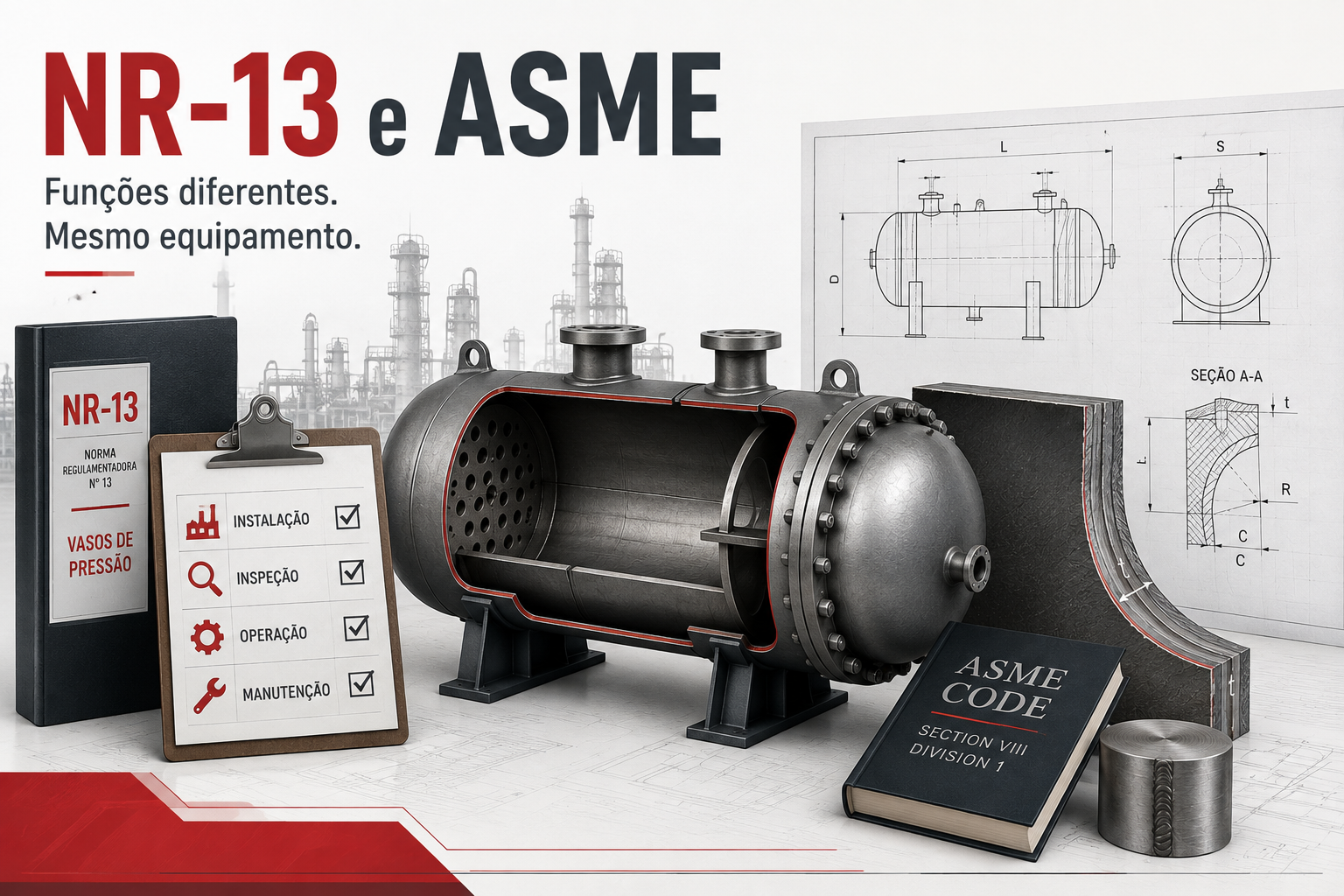 Vaso de pressão industrial com prontuário de inspeção e desenho técnico representando funções distintas da NR-13 e de códigos ASME.