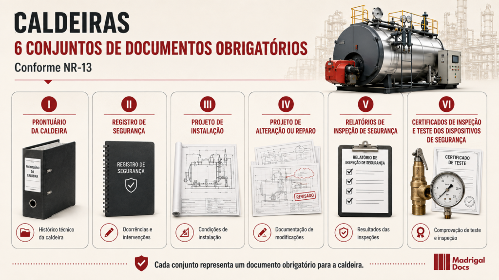 Infográfico técnico mostra os seis documentos obrigatórios para caldeiras conforme a NR-13: prontuário, registro de segurança, projeto de instalação, projeto de alteração ou reparo, relatórios de inspeção de segurança e certificados de inspeção e teste dos dispositivos de segurança.