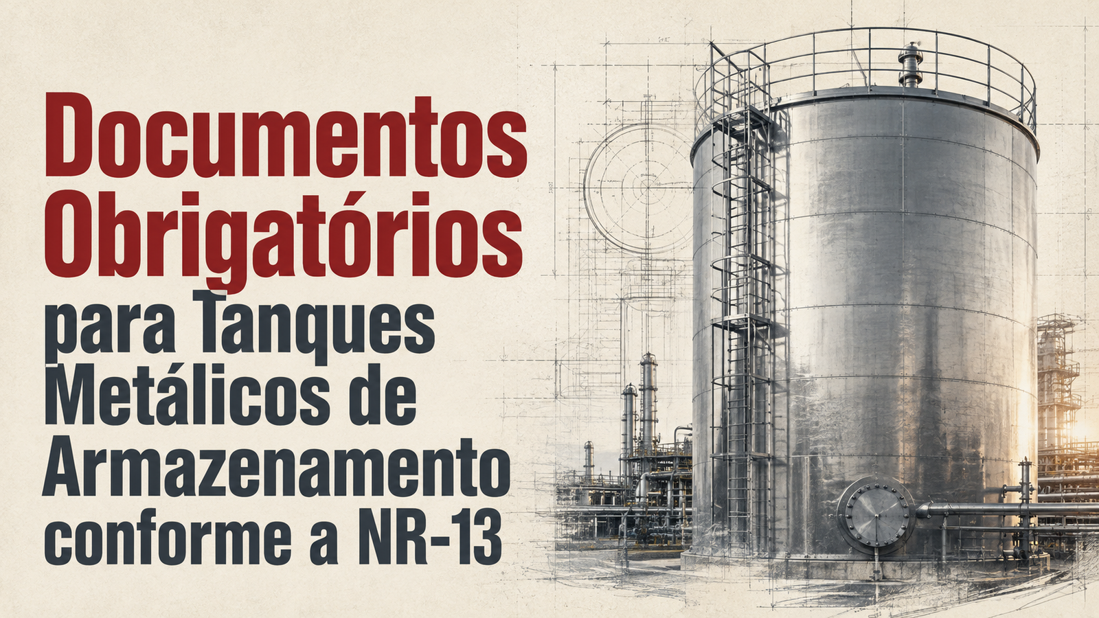 Banner técnico com tanque metálico de armazenamento, ambiente industrial e desenhos técnicos, representando documentos obrigatórios conforme a NR-13.
