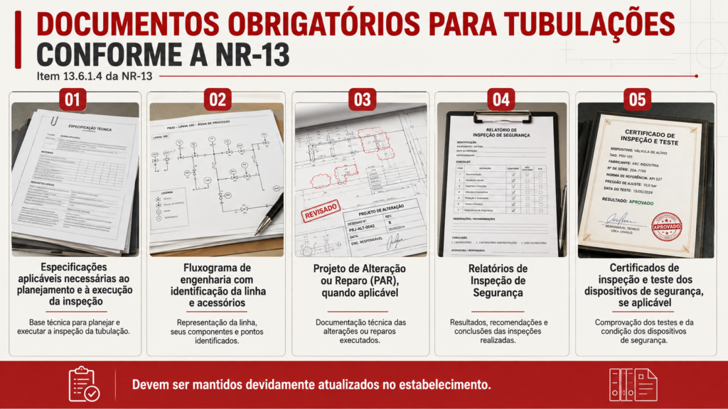 Infográfico com os cinco documentos obrigatórios para tubulações conforme o item 13.6.1.4 da NR-13.