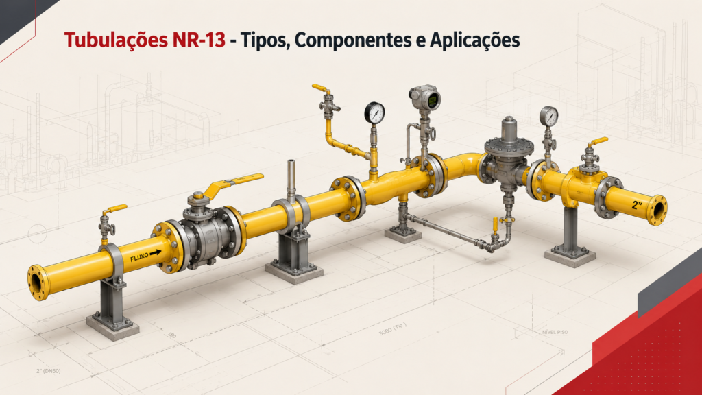 Banner técnico com tubulação de gás industrial de 2 polegadas, válvulas, flanges, manômetro, regulador e título Tubulações NR-13.