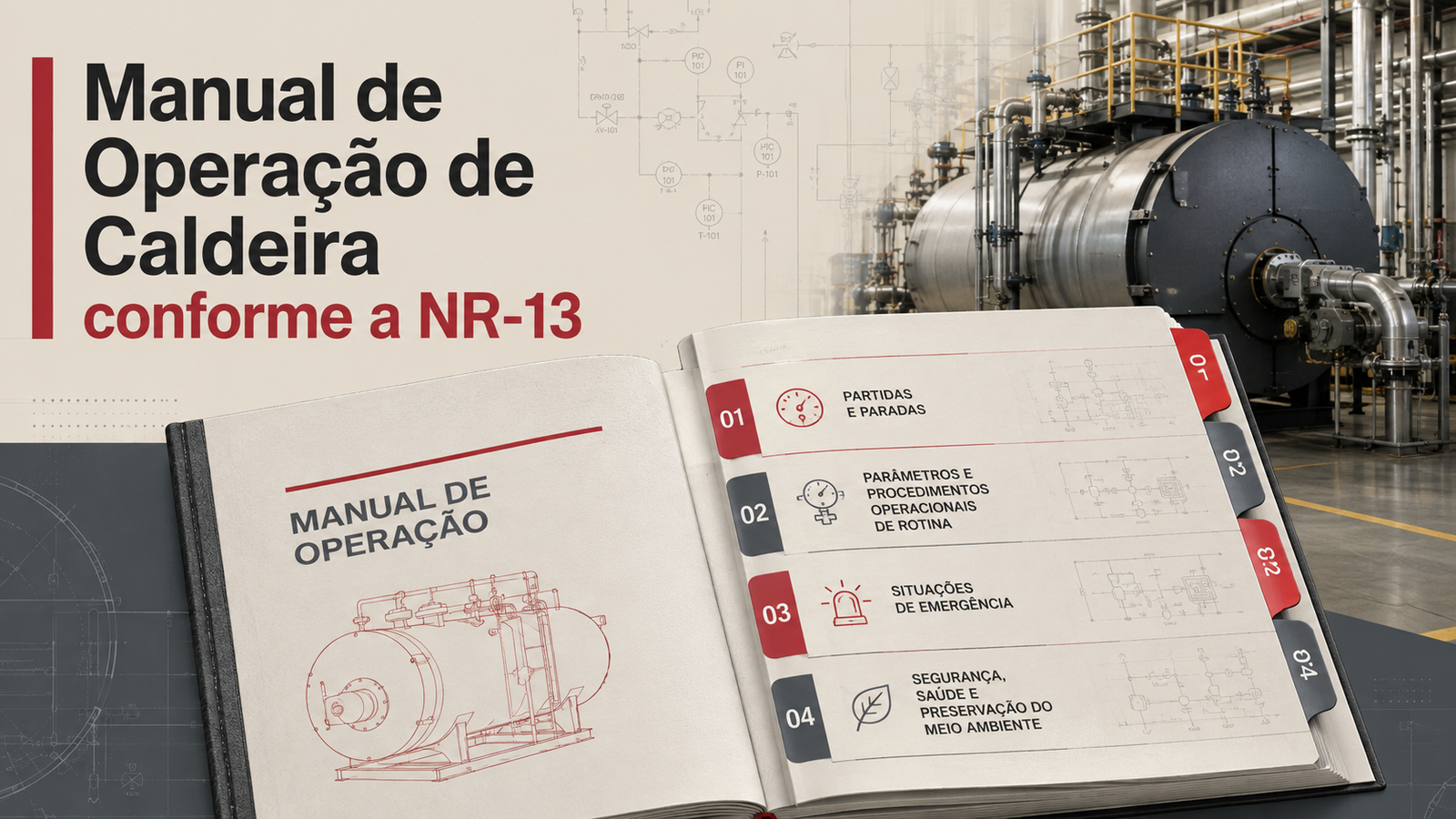 Banner técnico com manual de operação de caldeira aberto, seções de partida, parada, rotina, emergência e segurança, com caldeira industrial ao fundo.