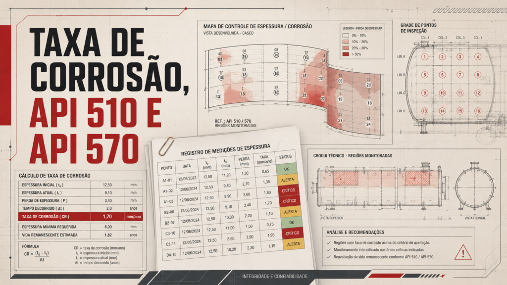 Infográfico técnico com fórmulas de taxa de corrosão, perda de espessura e vida remanescente, aplicado a mapa de espessura de tanque.