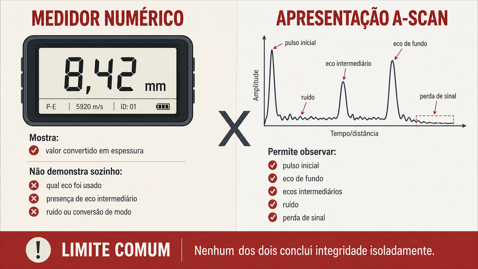 Inspetor realizando medição de espessura por ultrassom no casco metálico de um vaso de pressão com aparelho portátil.