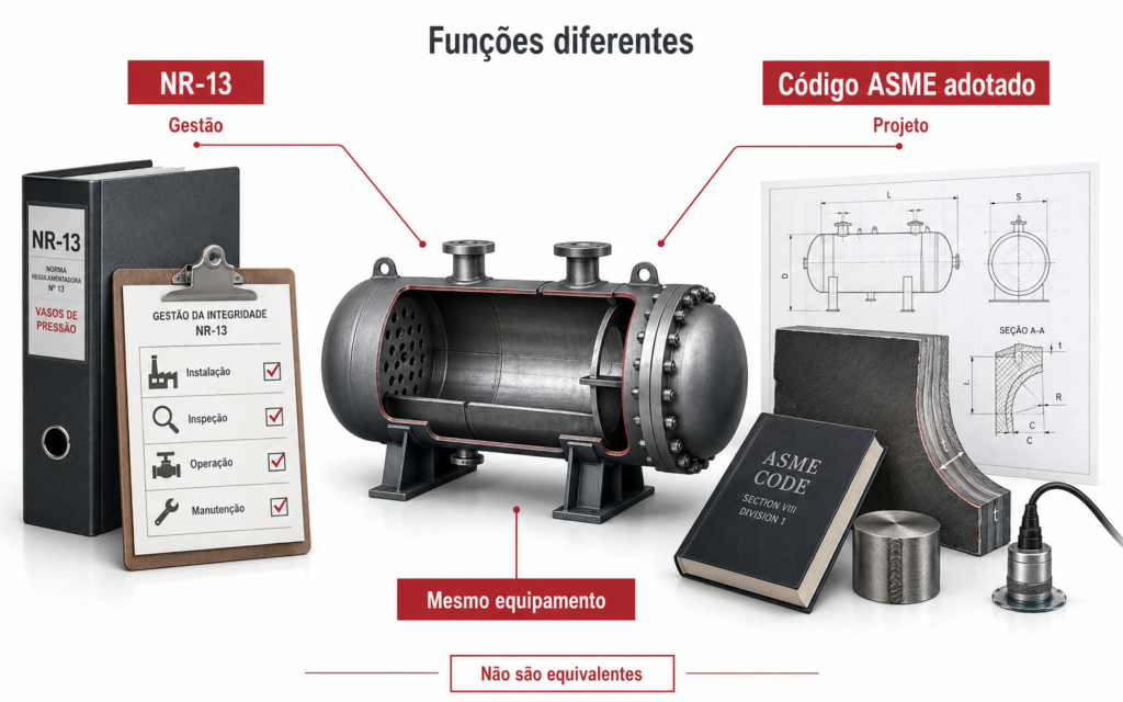 Comparação visual entre documentação de gestão NR-13 e desenho técnico de código ASME adotado conectados ao mesmo vaso de pressão.