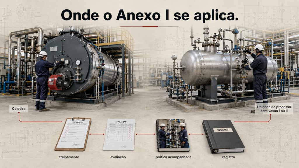 Banner ilustra operação de caldeira e unidade de processo com vasos I ou II ligadas a treinamento, avaliação, prática e registro.