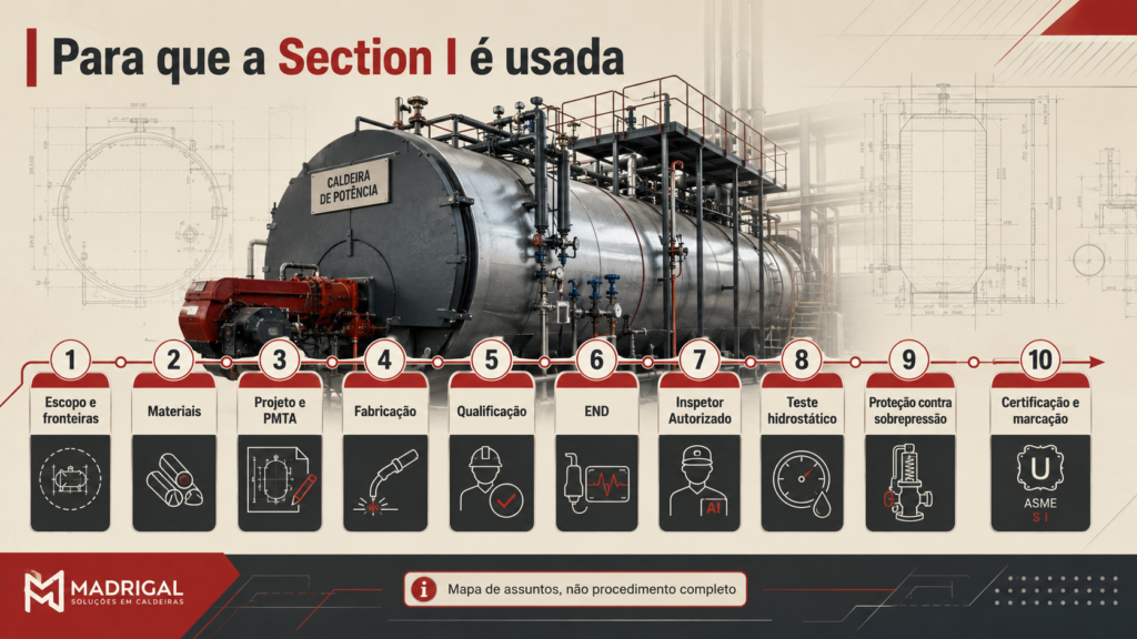 Banner técnico com caldeira de potência, linha de etapas da ASME Section I, desenhos técnicos e itens como escopo, materiais, PMTA, fabricação, END, teste hidrostático e certificação.