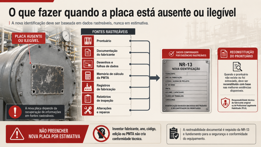 Placa de Identificação na NR-13, Infográfico técnico com placa de identificação ausente ou ilegível em equipamento industrial, fontes rastreáveis de dados, reconstituição do prontuário e nova identificação NR-13.