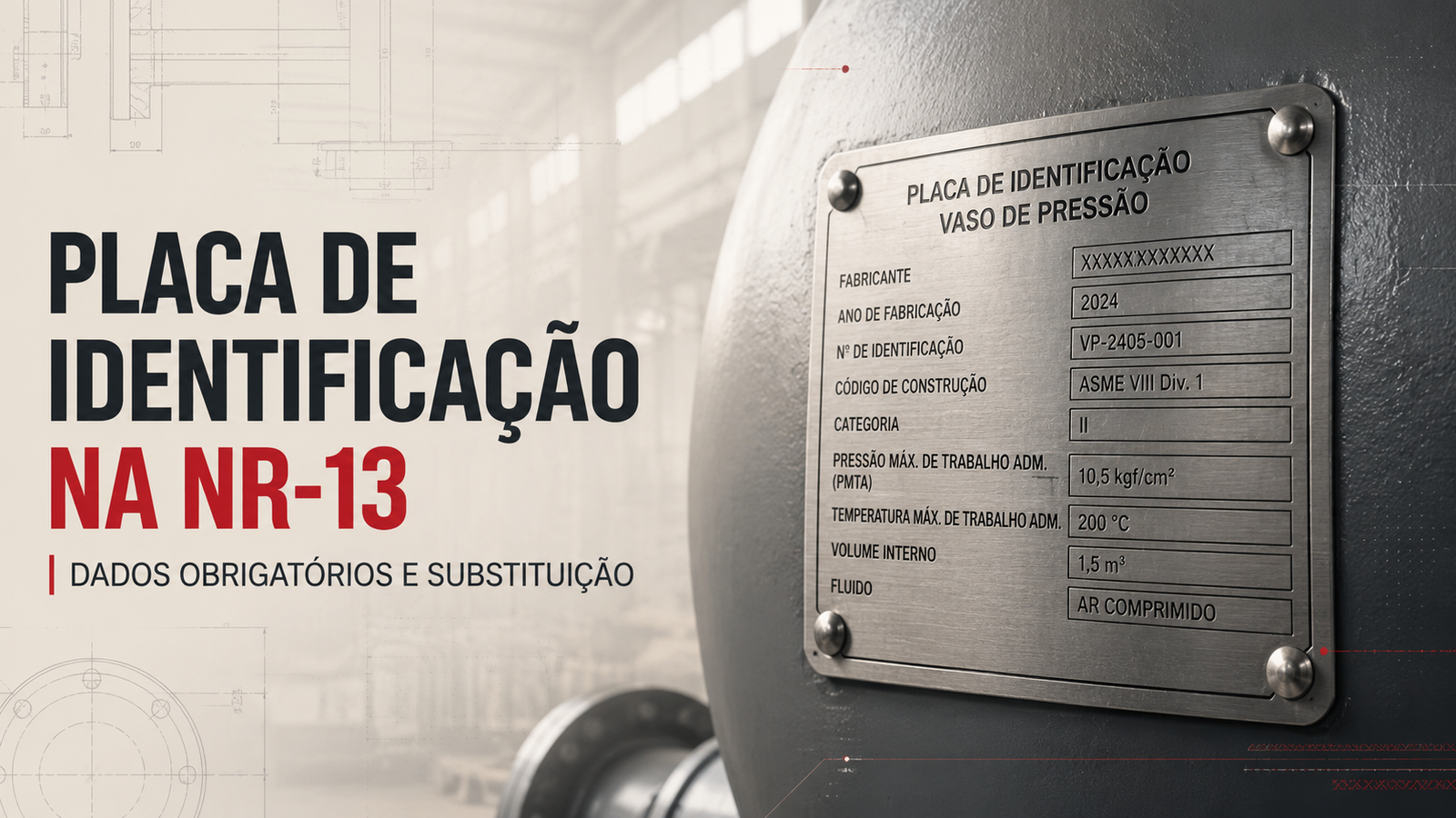 Banner técnico com placa de identificação metálica afixada em vaso de pressão, contendo fabricante, ano de fabricação, PMTA, código de construção e demais dados técnicos.