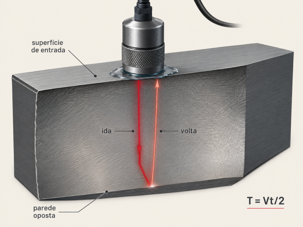 Corte de uma parede metálica mostrando o pulso ultrassônico indo até a parede oposta e retornando ao transdutor.