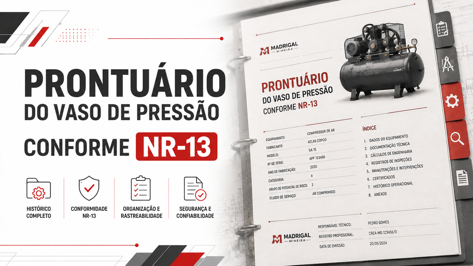 Prontuário do Vaso de Pressão conforme NR-13, com documentação técnica e representação de compressor de ar com reservatório de pressão.