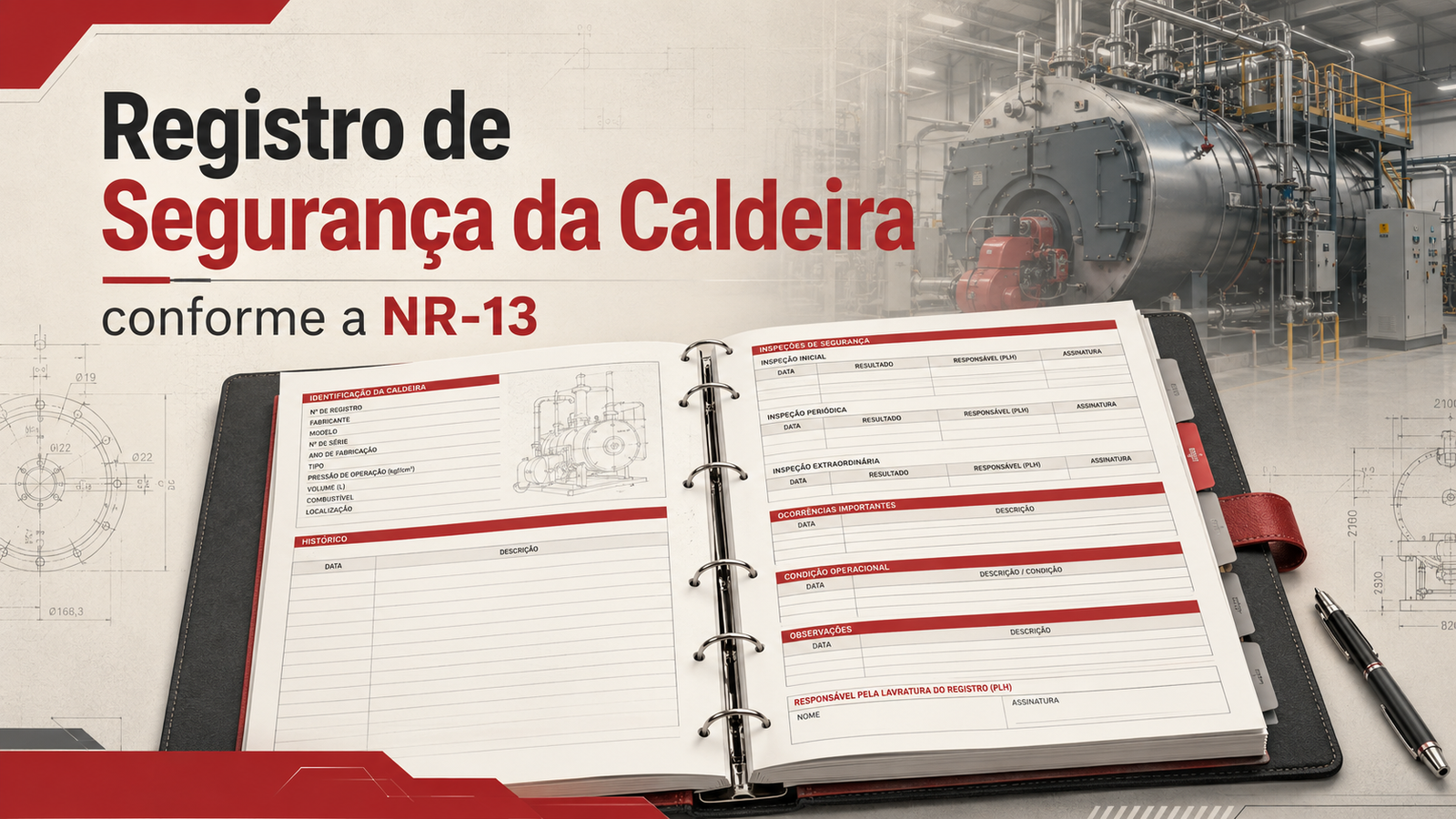Banner técnico com livro de Registro de Segurança da caldeira, campos de identificação, histórico, inspeções, ocorrências importantes e caldeira industrial ao fundo.