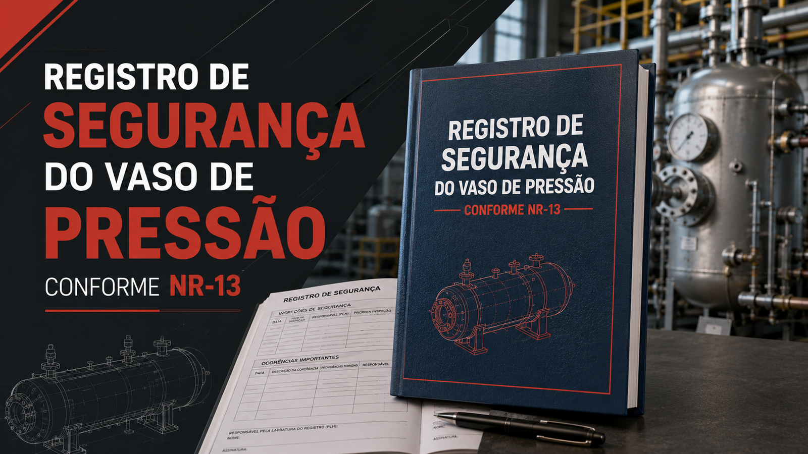 Registro de Segurança do Vaso de Pressão conforme NR-13, representado por livro técnico com histórico de inspeções, ocorrências e registros de segurança.