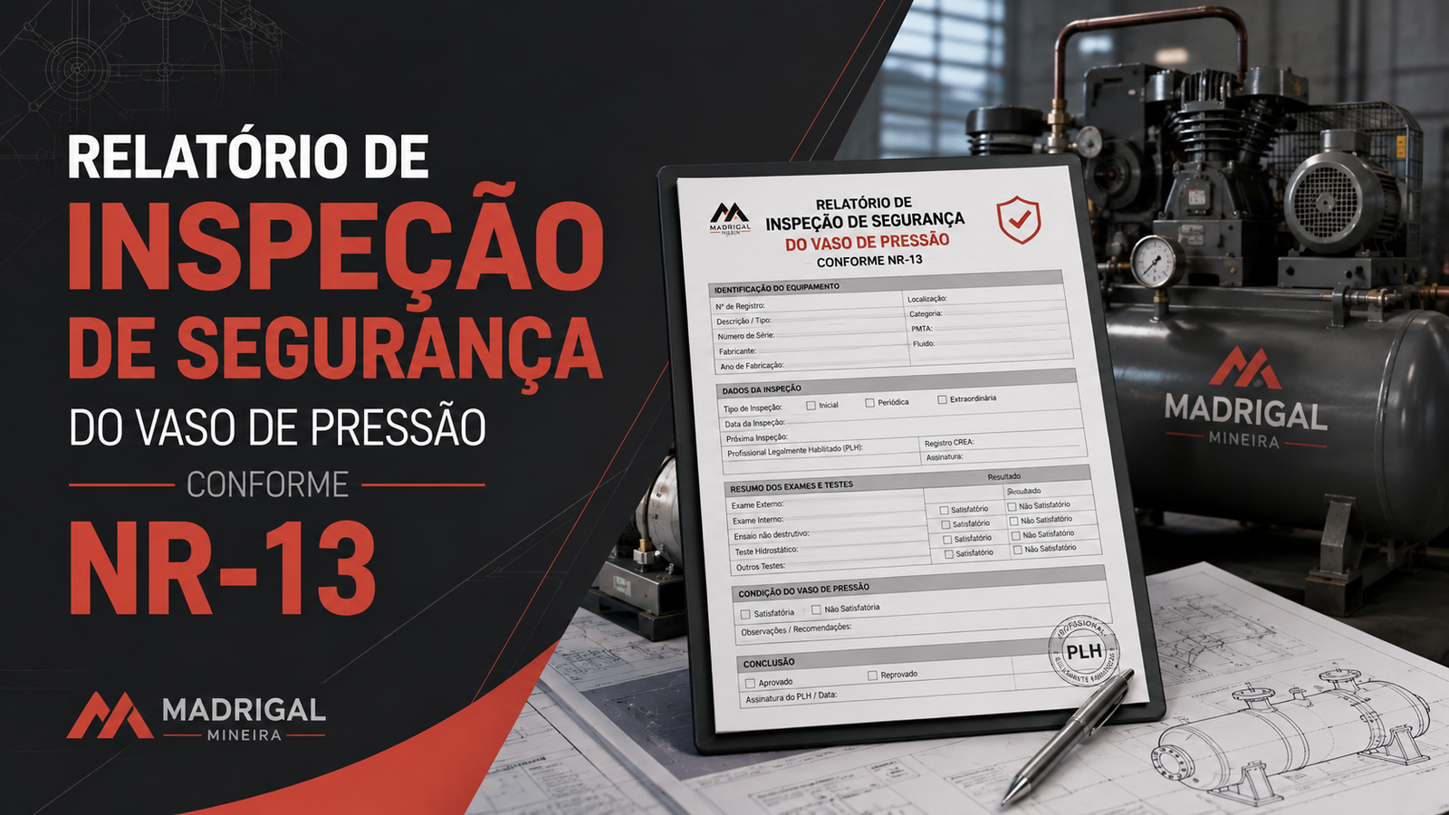 Relatório de Inspeção de Segurança do Vaso de Pressão conforme a NR-13, apresentado em documento técnico com formulário de inspeção, desenhos e equipamentos industriais ao fundo.