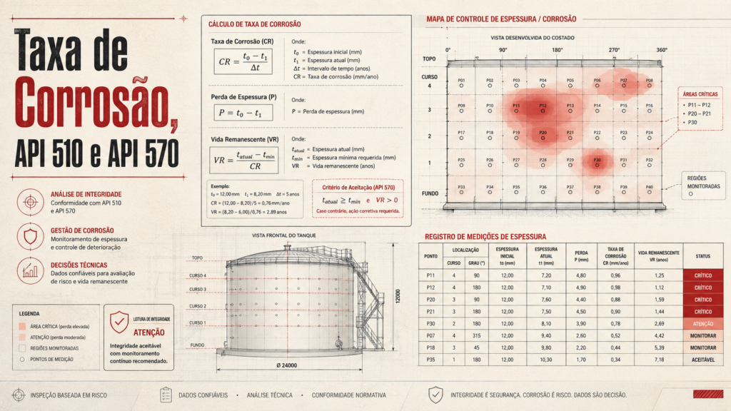 Infográfico técnico com mapa de controle de espessura, folha de cálculo de taxa de corrosão, grade de pontos de inspeção e regiões críticas.