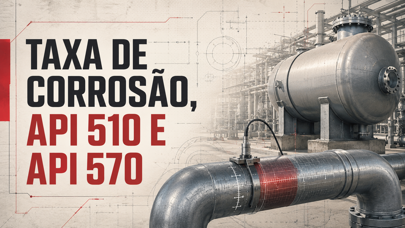 Banner técnico com título Taxa de Corrosão, API 510 e API 570, vaso de pressão, tubulação industrial e indicação de medição de espessura.