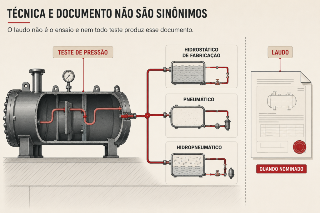 Ilustração de corte técnico compara teste de pressão, técnicas de pressurização e laudo como documento separado.